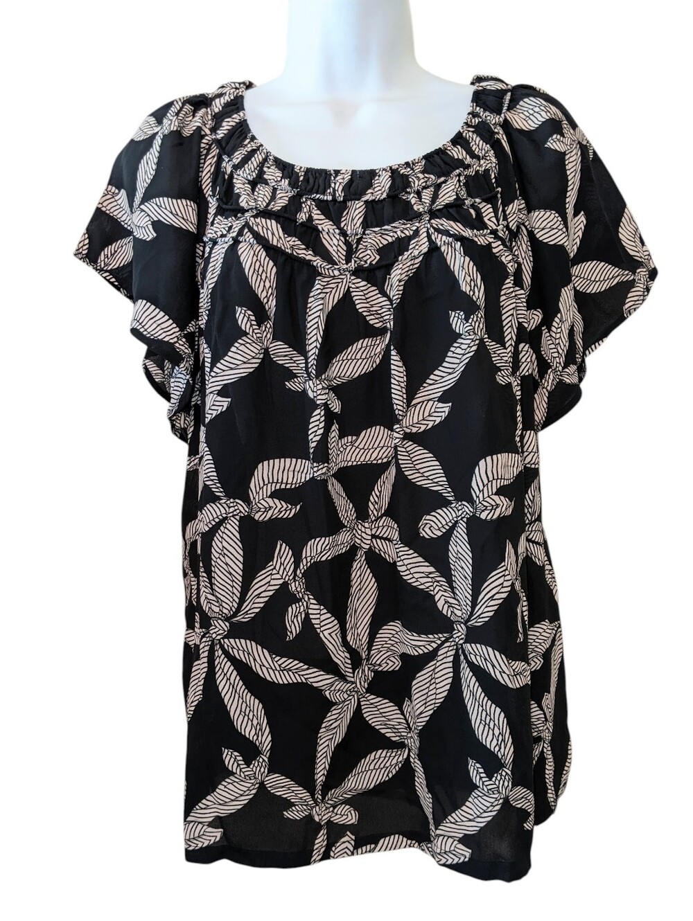 Loft Short Flutter Sleeve Shirred Top Blouse Shirt Size XL New